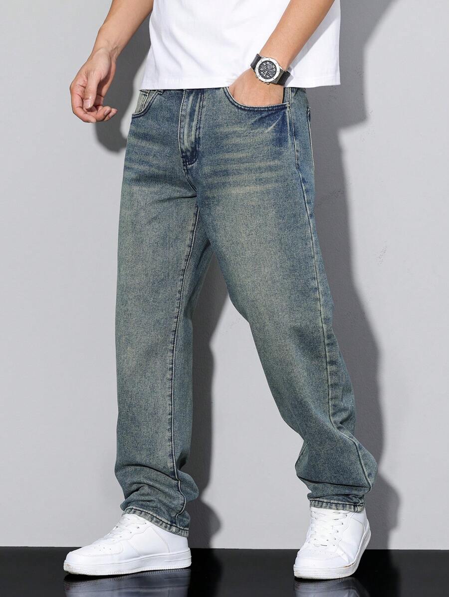 Premium Vintage Wash Baggy Denim Jeans - High Rise Wide Leg Fit