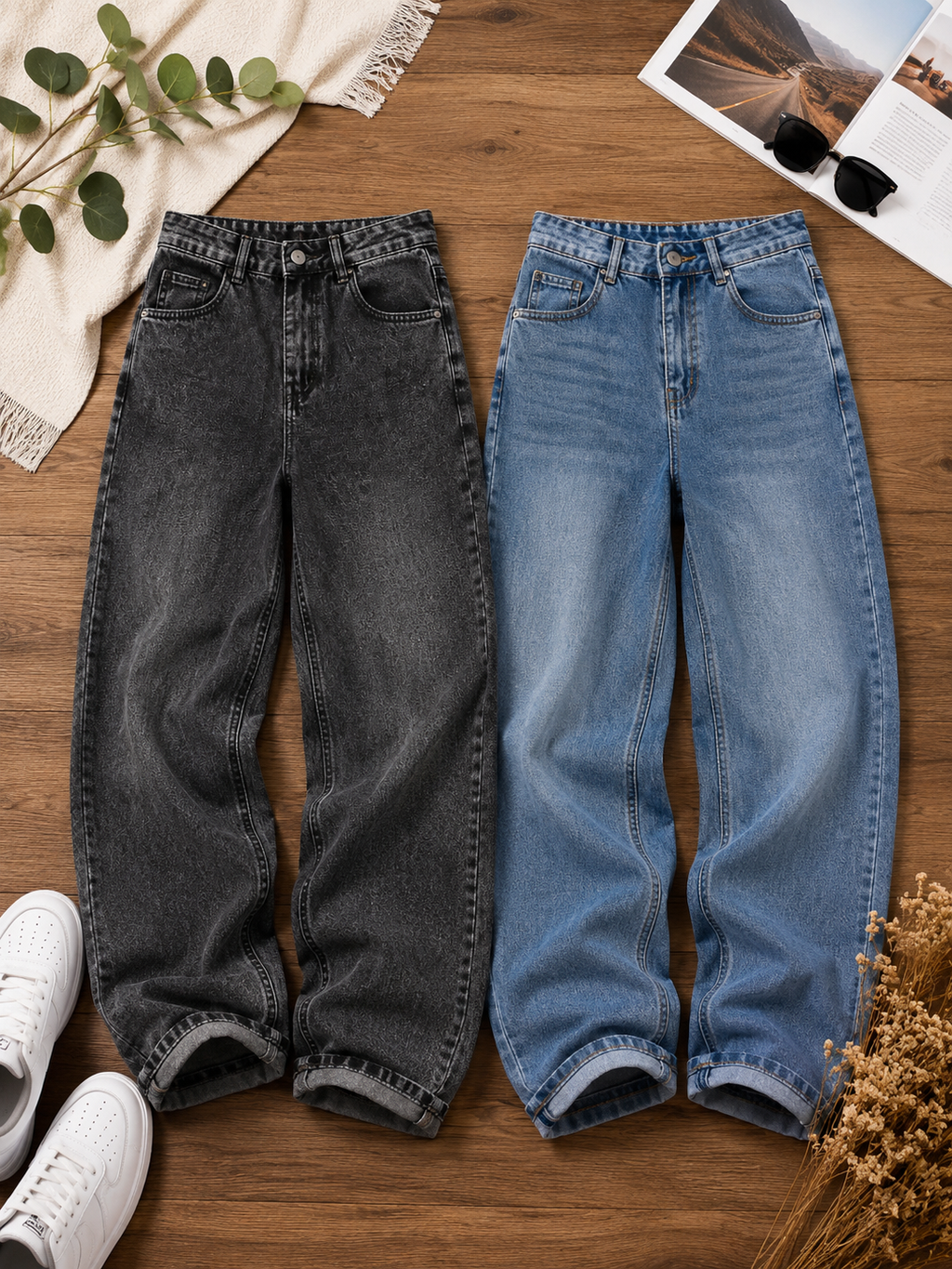 Premium Vintage Wash Baggy Denim Jeans - High Rise Wide Leg Fit