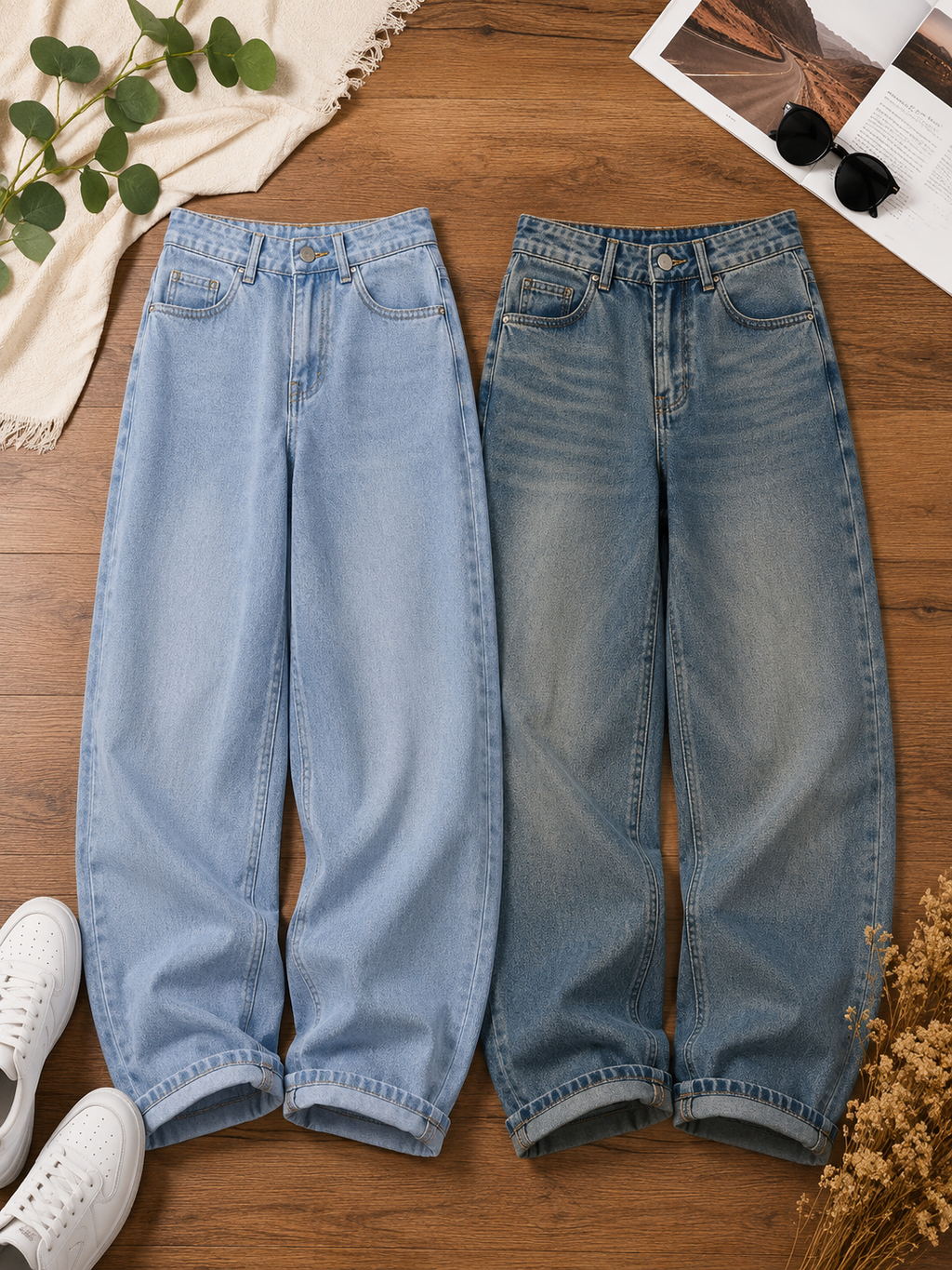 Premium Vintage Wash Baggy Denim Jeans - High Rise Wide Leg Fit