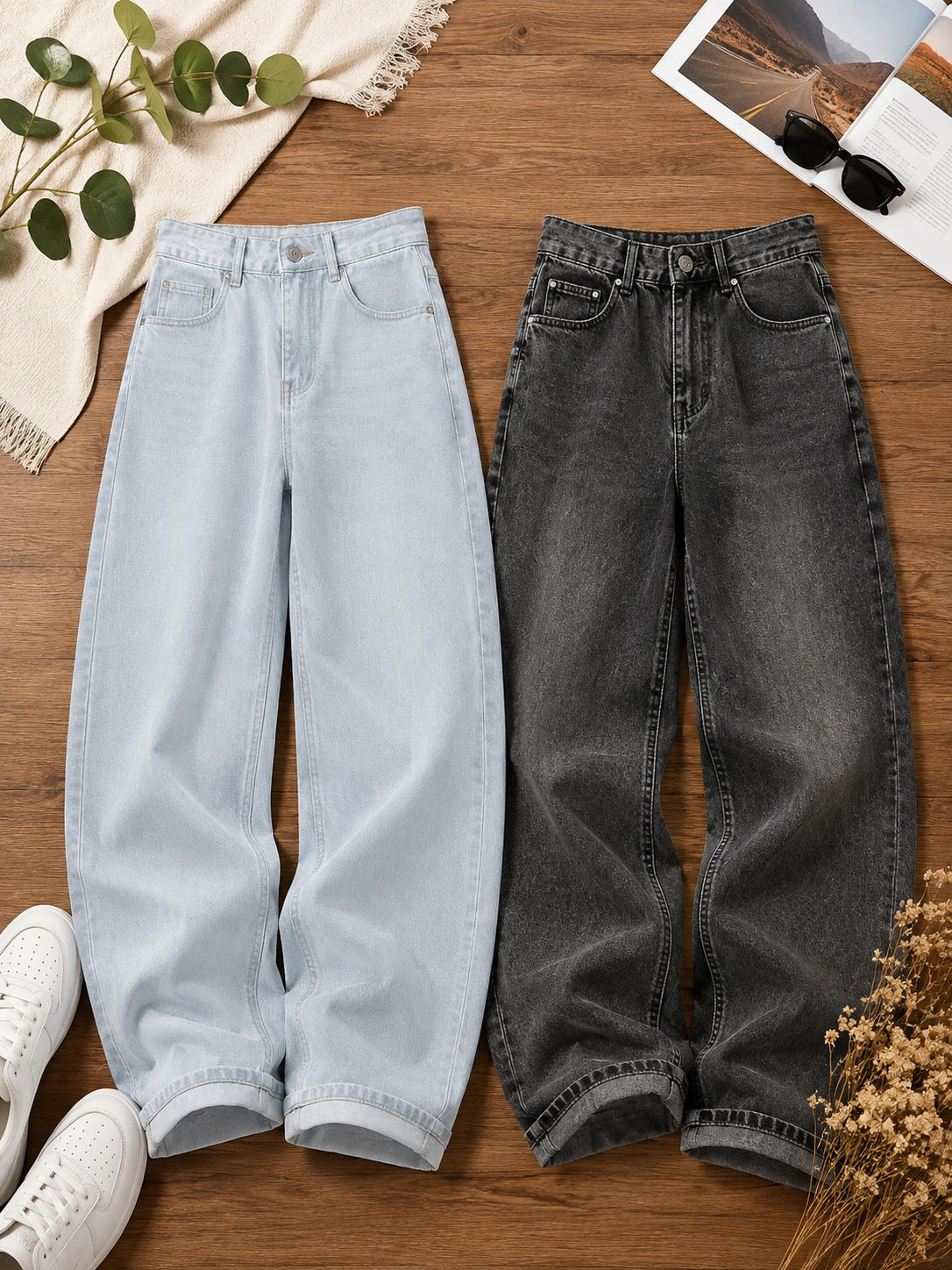 Premium Vintage Wash Baggy Denim Jeans - High Rise Wide Leg Fit