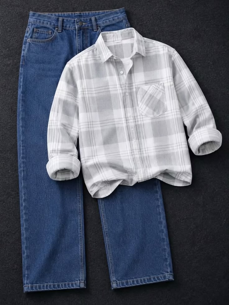 Beige Plaid Shirt with Light Blue Jeans Outfit