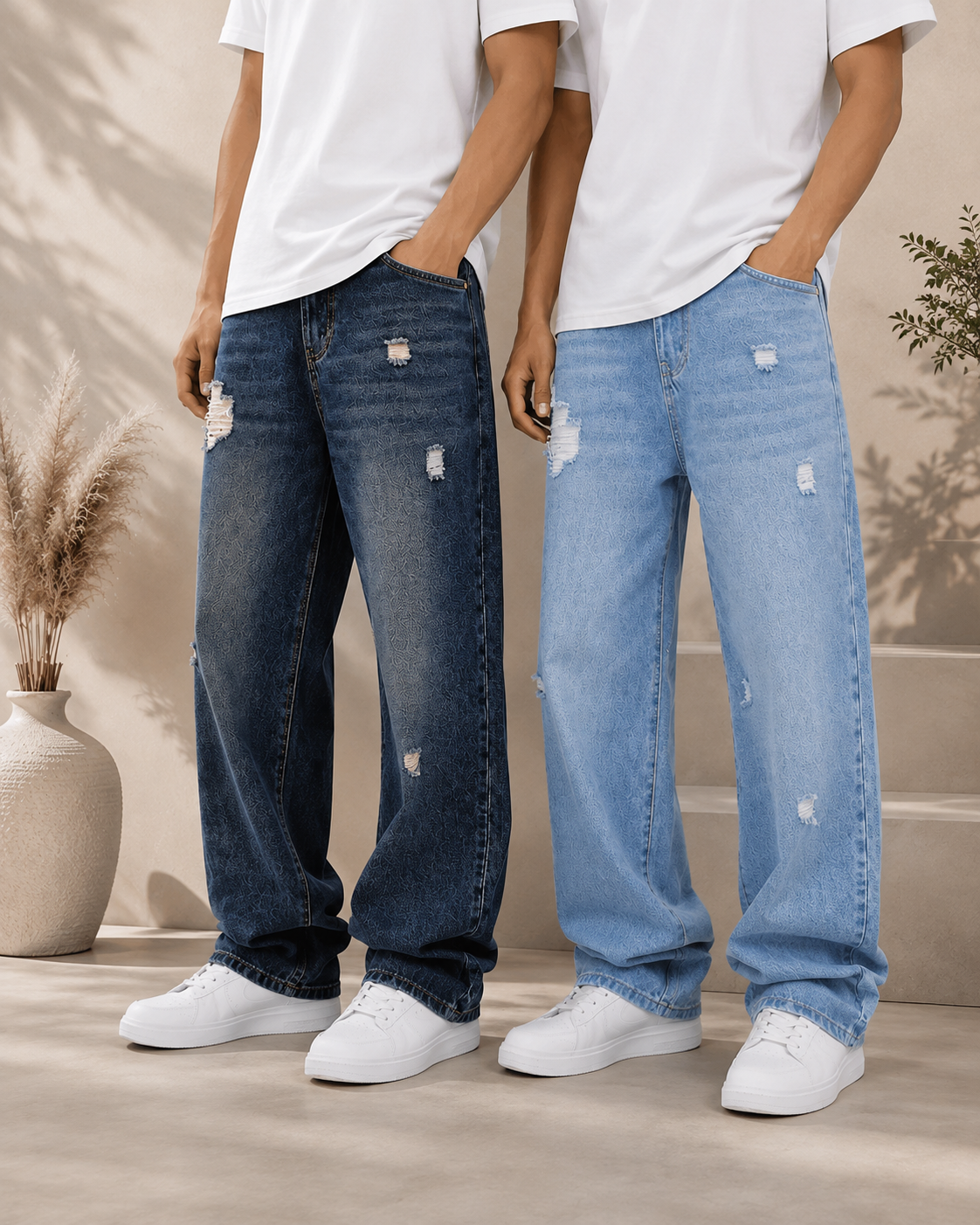 Premium Vintage Wash  Denim Jeans - High Rise Wide Leg Fit