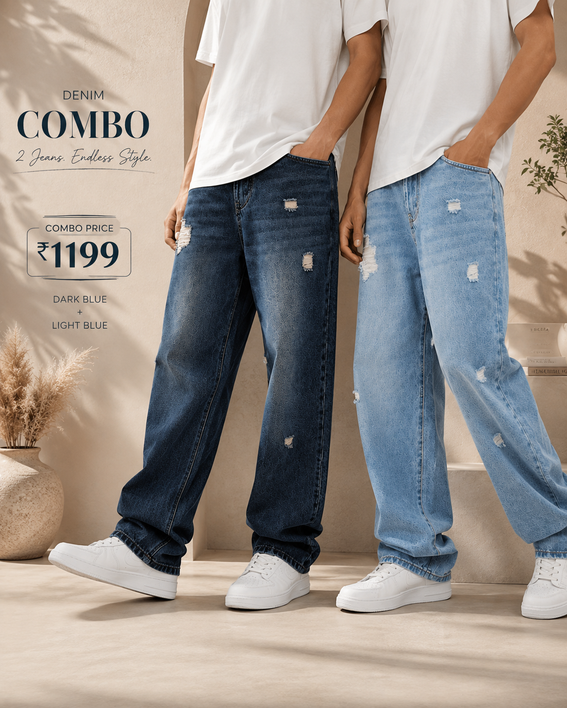 Premium Vintage Wash  Denim Jeans - High Rise Wide Leg Fit