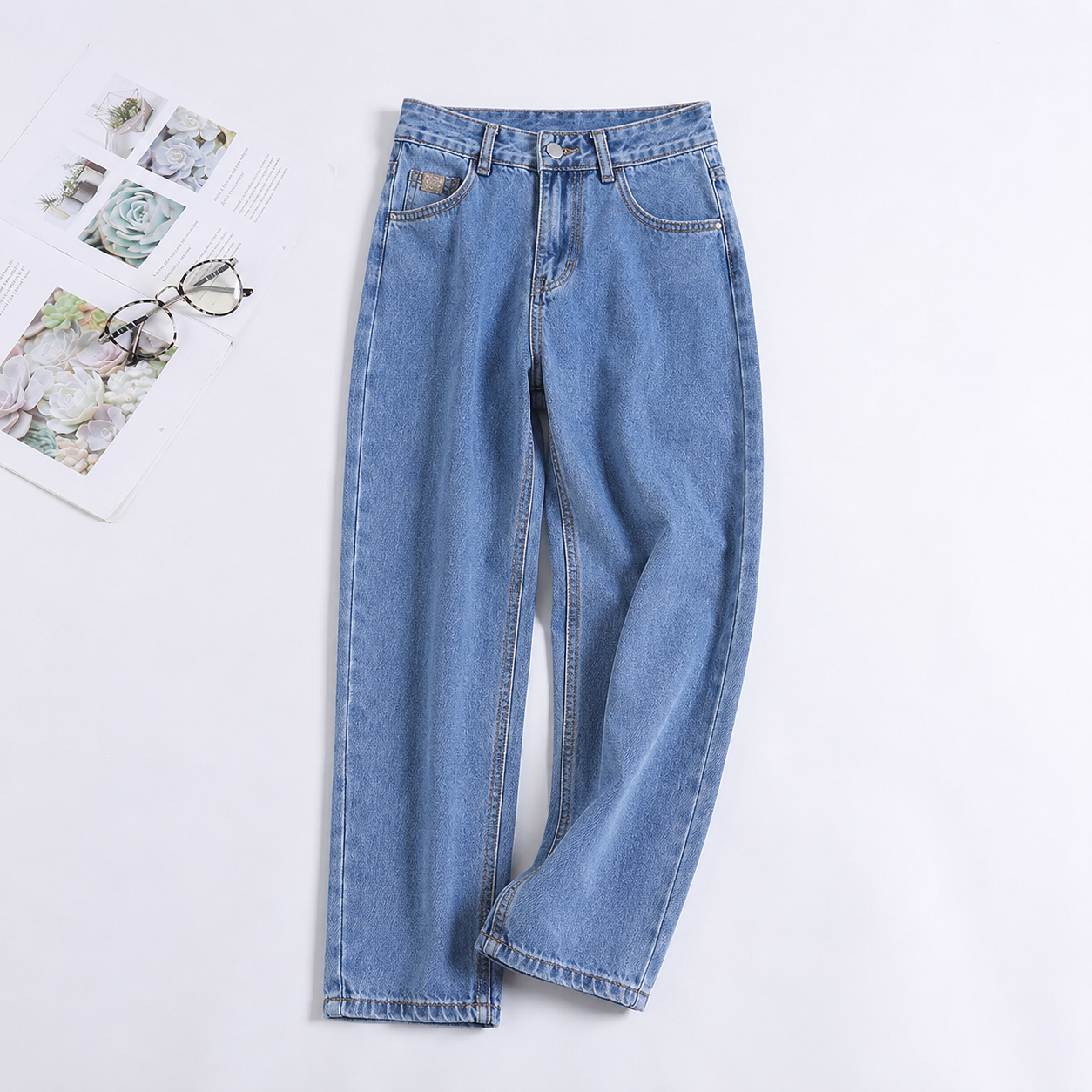 Premium Vintage Wash  Denim Jeans - High Rise Wide Leg Fit
